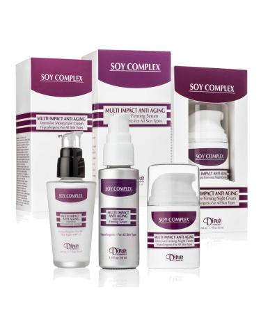 Dinur Cosmetics SOY COMPLEX COLLECTION consisting of Muti Impact Firming Serum Anti Aging Moisturizer and Anti Aging Night Cream