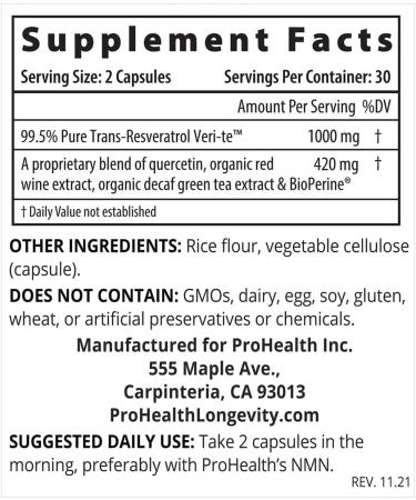 ProHealth 1000mg Trans-Resveratrol with 15X Better Absorption - 99.5% Pure Polyphenol Complex with Quercetin, Red Wine, Green Tea Extracts, BioPerine - 60 Capsules - Buy Online on GoSupps.com