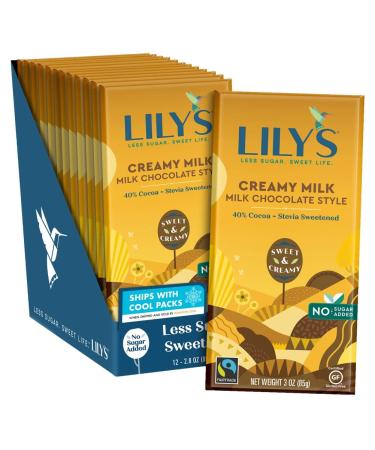 Creamy Milk Chocolate Style Bar by Lily's | Made with Stevia, No Added Sugar, Low-Carb, Keto Friendly | 40% Cocoa | Fair Trade, Gluten-Free & Non-GMO Ingredients | 3 ounce, 12-Pack Creamy Milk 12 Count (Pack of 1)