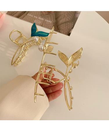 Blue Fish Tail Hair Clip with Pearl | Mermaid Hair Claw for Women | Large Gold Metal Clip for Strong Hold | Nonslip Hair Barrette Accessory - Buy Online on GoSupps.com