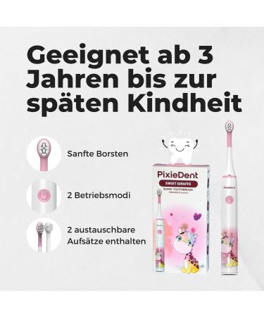 Pixiedent Electric Toothbrush for Kids - Gentle Sonic Clean 2 Replacement Brushes 2 Timer Modes Cute Giraffe Design Ages 3+ & 6+ - Buy Online on GoSupps.com