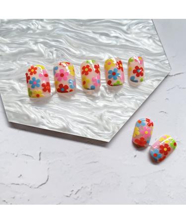 24 Pcs Short Square Flower Press on Nails - Colorful Floral Designs - Glossy Acrylic False Nails - Full Cover Stick on Nails for Women and Girls - Buy Online on GoSupps.com
