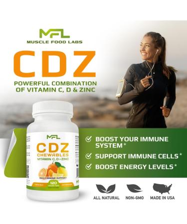 MUSCLE FOOD LABS C D Z CHEWABLES | Vitamin C 1000mg | Vitamin D3 | Zinc | Non-GMO & Gluten Free | 120 Vegetarian Chewable Tablets | 120 Servings - Buy Online on GoSupps.com