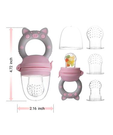 Baby Fruit Food Feeder Pacifier - Teething Toy for 3-24 Months | 6 Silicone Pouches | Piggy Handle 2-Pack | Toddlers & Kids & Babies | Pink & Gray - Buy Online on GoSupps.com