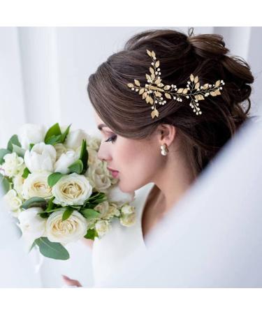 Golden Leaf Pearls Alligator Hair Clips & U-Shaped Pins - 5 Pack Wedding Headpiece Set - Buy Online on GoSupps.com