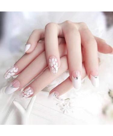 JUSTOTRY 24 Pcs Diamante Oval Short White French Press on Nails - Wedding Fake Nails with Nail Glue - Flower Almond Stick on Nails for Women - Nails Art - Buy Online on GoSupps.com
