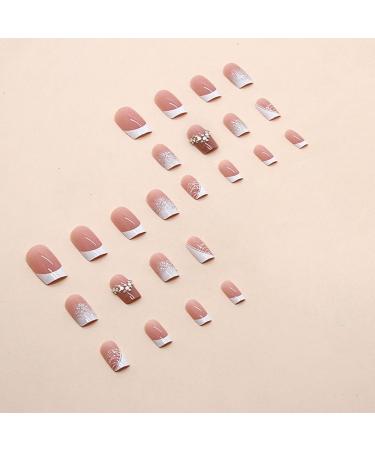 24Pcs French Tip Short Square Nude Pink Press on Nails with Glitter and Rhinestones - Full Cover False Nail Set for Women and Girls - Buy Online on GoSupps.com