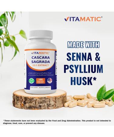 Vitamatic Cascara Sagrada Made with Senna & Psyllium Husk - 180 Veg Capsules - Concentrated 25X Potency - All Natural - Non-GMO - Buy Online on GoSupps.com