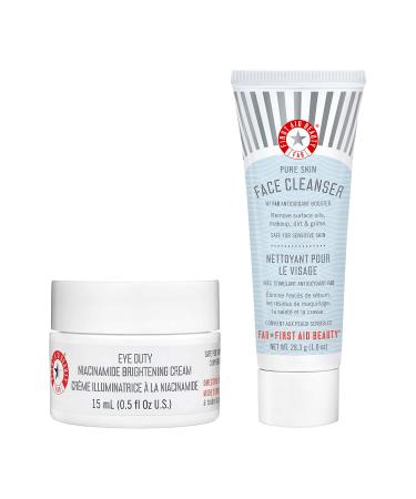 First Aid Beauty Bundle: Eye Duty Niacinamide Brightening Cream Illuminating Eye Cream for Dark Circles and Puffiness 0.5 fl oz. and Deluxe Mini Pure Skin Face Cleanser 1 oz.