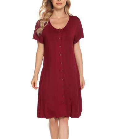 Lovasy Women's Dark Red Button Down Nightdress with Pockets - Soft Maternity and Nursing Nightie - Buy Online on GoSupps.com