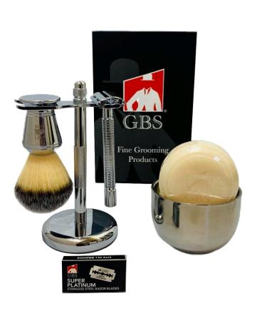 G.B.S Shaving Set Long Handle Non-slip Knurled Razor Stand Shaving Brush Shaving Bowl with G.B.S Natural Soap 5 Blades