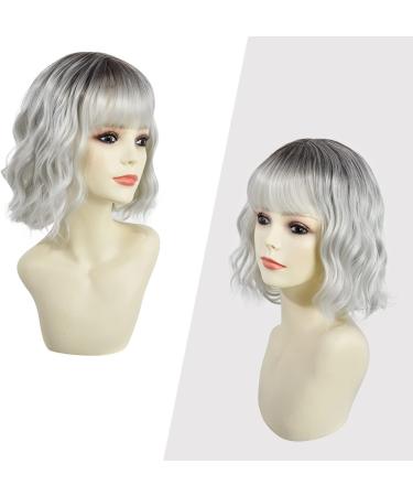 Yamel Wavy Bob Wig with Bangs - Natural Ombre Silver Synthetic Hair Short Curly Wigs for Women - Buy Online on GoSupps.com