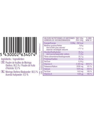 PREMIUM Moringa and Acerola Powder. Antioxidant rich in Vitamin A and C. Vegan Protein. High in Fiber. 150 g jar. - Buy Online on GoSupps.com
