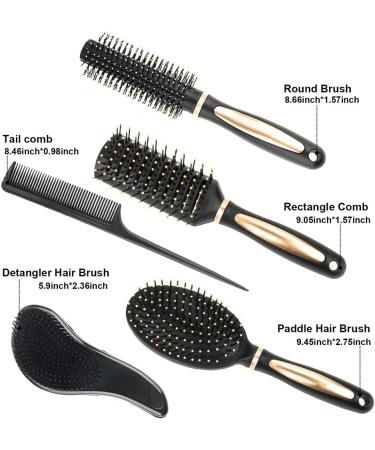 5-Piece Hair Brush Set for Women and Men - Detangling, Paddle, Round, Tail Comb, Wet/Dry Brush - Black - Buy Online on GoSupps.com