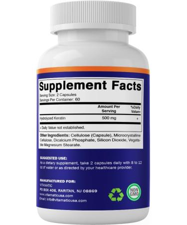 Vitamatic Hydrolyzed Keratin 500mg per Serving - 120 Vegetarian Capsules - Keratin Supplements for Healthy Hair Skin & Nails for Adults 120 Count (Pack of 1) - Buy Online on GoSupps.com