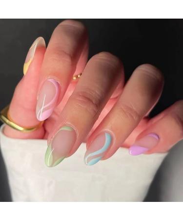 JUSTOTRY 24 Pcs Rainbow Almond Short False Nails French Tip Press on Nails with Wavy Pattern Pastel Fake Nails Medium with Nail Glue Oval Stick on Nails for Women Nails Art 18Iridescent &Swirl1