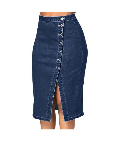 Sanahy Womens Fashion Long High Waist Button Pocket Front Fishtail Denim Maxi Skirts Plus Size Knee Length Casual Jean Skirts L Blue