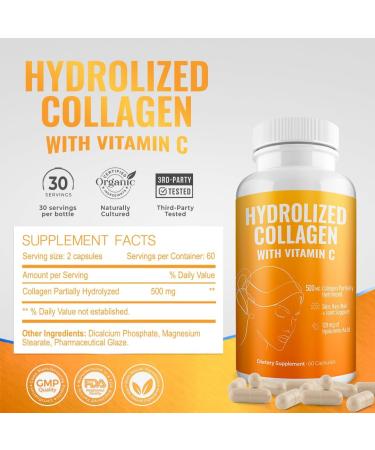 Aura Vitamin Hydrolyzed Collagen with Vitamin C Capsules 500mg Great Energy | Skin Hair and Nail Support | Hyaluronic Acid Pills - 60ct (2) - Buy Online on GoSupps.com
