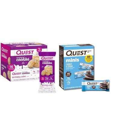 Quest Birthday Cake Frosted Cookies Twin Pack 16 Cookies and Quest Mini Cookies & Cream Protein Bars 14 Count
