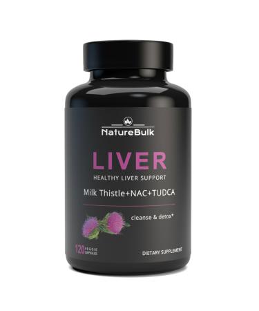 NATUREBULK Premium Liver Support Complex - 120 Capsules with TUDCA NAC Milk Thistle Extract & Astragalus - Advanced Formula with Choline Vitamin E & Zinc - 30 Day Supply