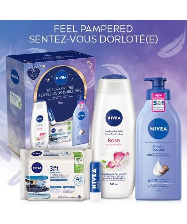NIVEA Feel Pampered skincare routine holiday gift set | Contains : Makeup removing Wipes 40pc Lip Balm 4.8g Body Lotion 625mL & Body Wash 500mL | Bundle for normal to dry skin - Buy Online on GoSupps.com