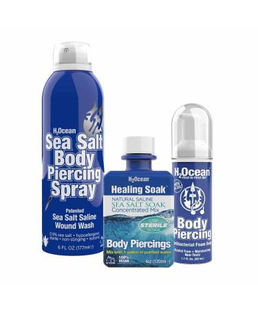 H2Ocean Complete Sea Salt Saline Vegan Body Piercing Healing and Cleansing Kit for Ear, Nose, Bellybutton, and All Body Piercings
