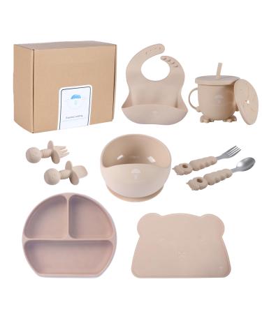 Baby Feeding Silicone Set Weaning Kit with Suction Plate Bowl Adjustable Bib Utensils Set - Perfect for Infant & Toddler Mealtime Non-Slip Dishware BPA-Free Easy Clean (Beige)