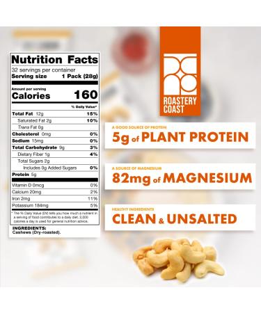 Roastery Coast Just Cashews - Unsalted Whole Cashew Nuts (1 Oz each) | Non-GMO, Gluten Free, Kosher Gourmet Snack - Buy Online on GoSupps.com