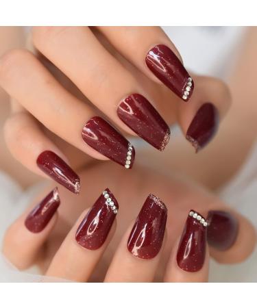 Burgundy Galaxy Glitter Shiny Medium Length Fake Nails Set - 24 Rhinestone DIY Nail Art Tips - Buy Online on GoSupps.com