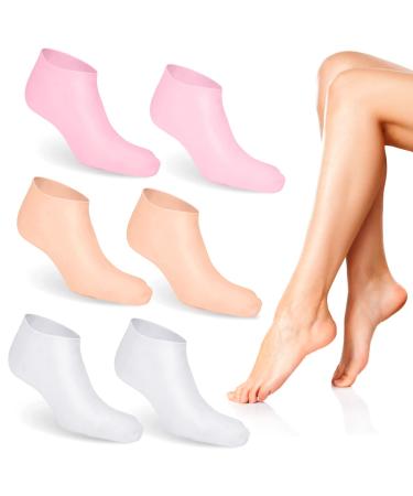 Nizirioo 3 Pack Moisturizing Socks Gel Socks Silicone Moisturizing Socks For Dry Cracked Feet Women & Softening Dry Cracked Feet Rough Skin Foot Care (Pink & White & Skin Tones)