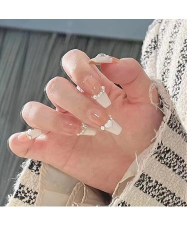 White French False Nails Acrylic Coffin Stick on Nails 24pcs Medium Length Press On Nails Ballet French Style Fake Nails with Glue for Women and Girls (Heart Puffs)