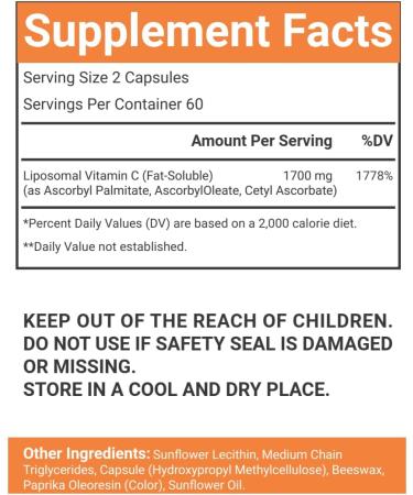 VitaCosmoX Liposomal Vitamin C Supplement 1700mg 120 Capsules 100% Vegetarian Non-GMO & Gluten Free High Absorption - Buy Online on GoSupps.com