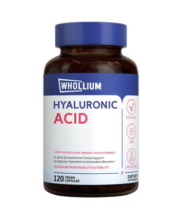 Whollium Hyaluronic Acid, 250 mg Sodium Hyaluronate + 25 mg VC, Low Molecular Weight, Superior Penetrability & Stability, for Joints, Skin & Eyes, No Gluten, Non-GMO, Once Daily, Vegan, 120 Caps