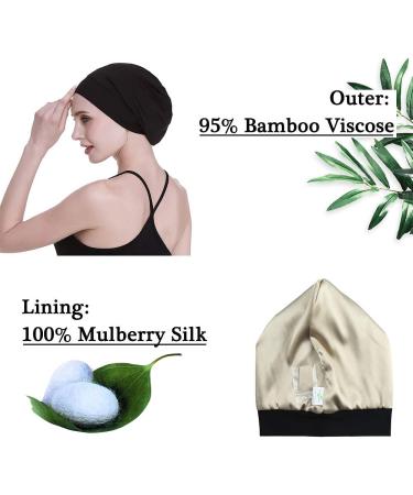 Satin Silk Lined Sleep Cap - 19MM Mulberry Silk & Bamboo Viscose - Black - Buy Online on GoSupps.com