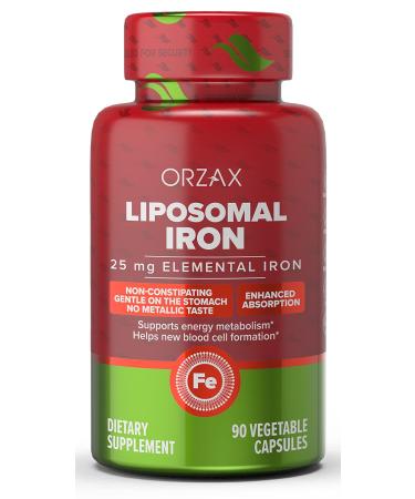 ORZAX Iron Supplement 25 mg -Liposomal Technology- High Bioavailability 90 Vegetable Capsules Helps New Blood Cell Production Non-Constipating Non-GMO & Gluten Free for Women Men Adults