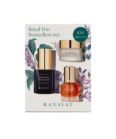 RANAVAT Royal Trio Travel Size Gift Set - Set Includes Brightening Saffron Face Serum, Renewing Bakuchi Face Cream & Fortifying Hair Serum - Clinically Tested Vegan Skincare & Haircare (3 Count)