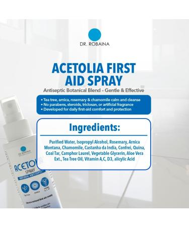 Dr. Robaina ACETOLIA First Aid Spray Antiseptic Spray for Cuts Burns & Scrapes | Tea Tree Arnica Rosemary & Chamomile Soothe & Cleanse | Steroid-Free Alcohol-Free | Made in USA | 2 fl oz 1 Unit - Buy Online on GoSupps.com