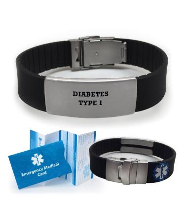Diabetes Type 1 Medical Alert ID Bracelet For Men and Women Black