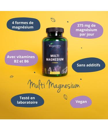 Magnesium Complex 375 mg | 180 Capsules | 4 FORMS - Bisglycinate Malate Citrate and Taurate | With Vitamin B2 & B6 | Superior Absorption | No Additives & Vegan | Vegavero  - Buy Online on GoSupps.com