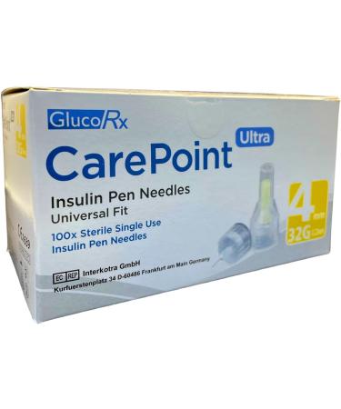 Glucorx Carepoint + Tetra-Sole Pouch Diabetic Insulin Pen Tips 32G x 4 mm (100 Pcs/Box) - Premium Quality for Diabetics - Buy Online on GoSupps.com