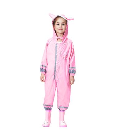 De feuilles Kids Button Rain Suit All-in-one Waterproof Puddle Suits Hooded Raincoat Jumpsuit 7-9 Years Pink Rabbit