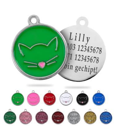 Ibera Gifts - Personalized cat brand for medium to large cats in a round form with cat with engraving name collar brand address trailer cat necklace (green)