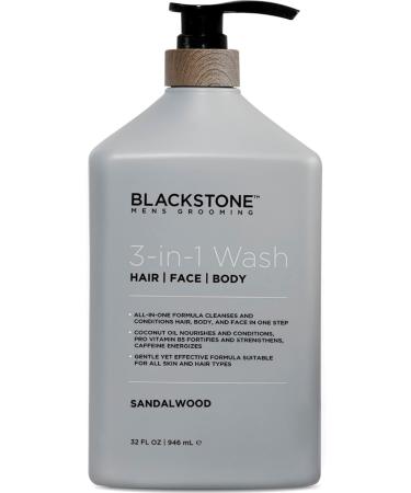 Blackstone 3-in-1 Wash for Men | Cleanse & Condition Hair Body & Face | All Skin & Hair Types | Coconut Oil & Vitamin B5 - Sandalwood (32 ounces)
