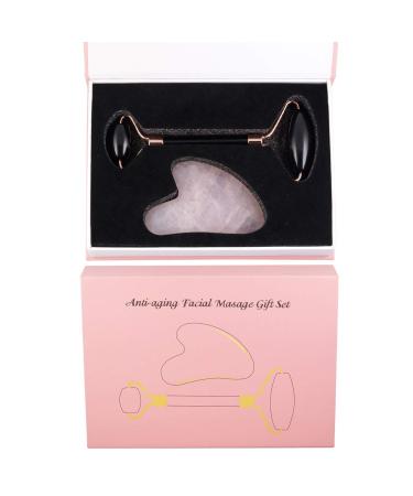 Rockcloud Natural Crystal Jade Roller & Gua Sha Set - Anti-Aging Facial Massager Tool in Black Obsidian & Rose Quartz for Wrinkle Reduction & Beauty Therapy - International Shipping Available - Buy Online on GoSupps.com