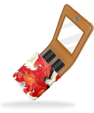 Stylish Leather Lipstick Case with Mirror | Mini Lip Gloss Organizer - White Crane Peony Flower Design - Buy Online on GoSupps.com