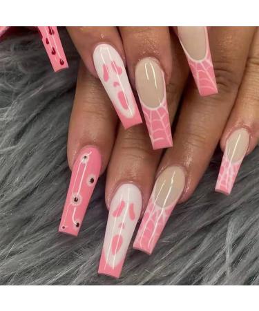 24 Pcs Halloween Coffin Shape Press on Nails,Medium Length Pink Ghost with Spider Web Designs Ballet Fake False Nails with Glue,Nail Art for Women and Girls Stick on Nails