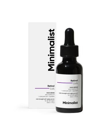 Minimalist 0.6% Retinol Serum For Anti Aging | Antioxidant Effects with Coenzyme Q10 | Reduces Fine Lines & Wrinkles | Mid Strength | 1 Fl Oz / 30 ml