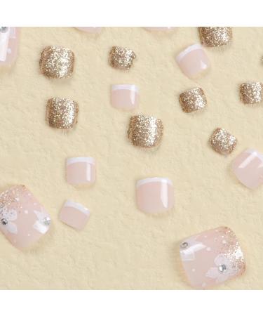 24Pcs Square Press-On Toenails - Short Fake Pink & White French Tip with Floral Rhinestones & Gold Glitter - Acrylic Toe nails for Women & Girls - Buy Online on GoSupps.com