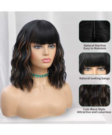 WAVE&BREEZE 14 Inch Black Mixed Brown Highlights Short Wavy Curly Wig for Women with Bangs Natural Looking Heat Resistant Synthetic Hair Wig for Daily Party - Buy Online on GoSupps.com