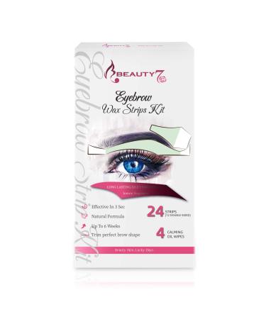 Beauty7 Eyebrow Wax Strips Kit Facial Wax Strips Hair Removal Eyebrow Shaper at Home Waxing 24 Strips 4 Calming Oil Wipes for Sensitive All Skin Types Women (Eyebrow Wax Strips)